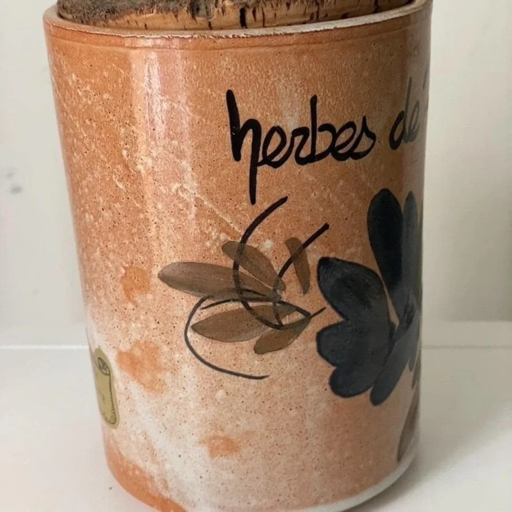 Vintage French Herbes de Provence Ceramic Canister Cork Lid Made in France
